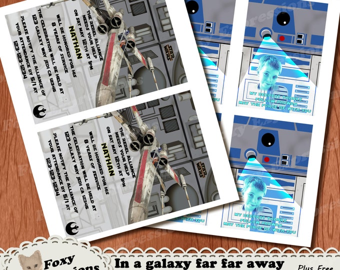 In a Galaxy Far Far Away Birthday Invite & Thank You Card. Comes in 5x7 or 4x6. You can add a photo of your child. Can be emailed or printed