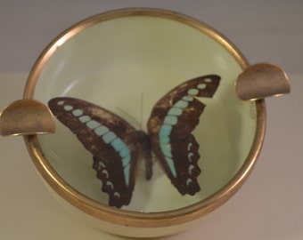 Vintage metal Small ashtray with a butterfly in glass