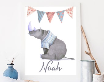 Custom name print boy nursery art printable Rhino in jumper personalised print instant download cute wild animal poster