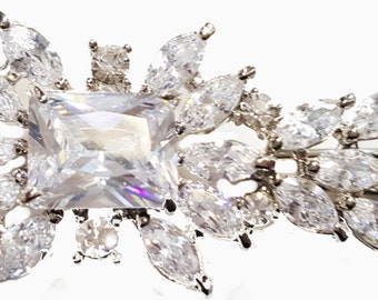 New Bridal Silver CZ Crystal Rhinestones ls Floral 3 '' Thin Hair Barrette With Lever Back Closure