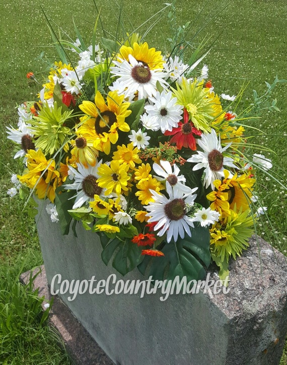 Sunflower Daisy Cemetery Headstone Saddle Memorial Flowers