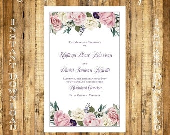 Vintage Floarl Wedding Program Instant Download Folded NO CUT DIY Template 8.5 x 11 Editable & Printable Microsoft File