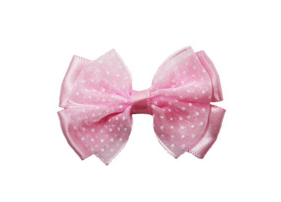 Mini Light Pink Satin and Polka Dots Hair Bow by HolidayPrincess