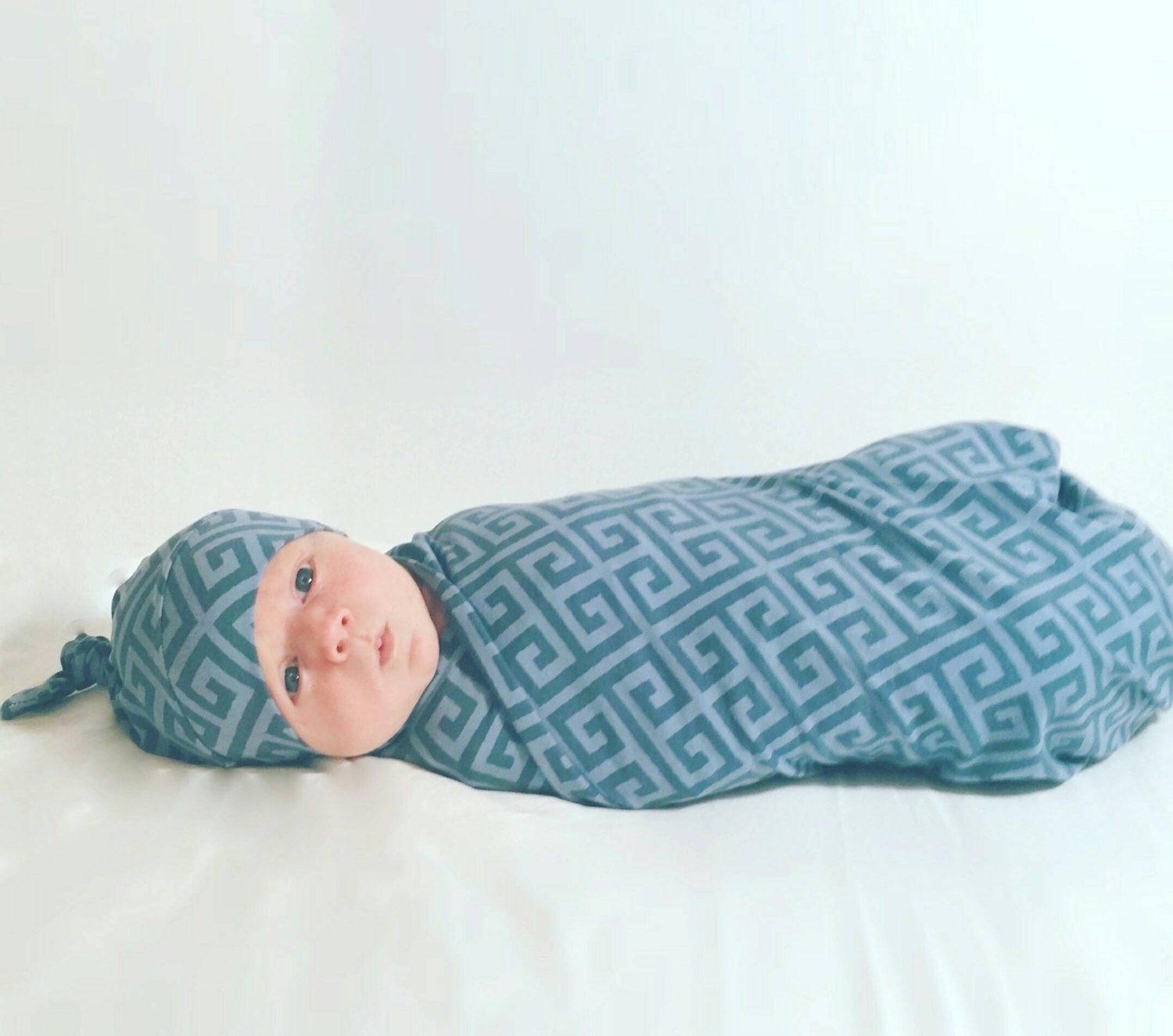 Blue Baby Boy Swaddle Set Cotton Stretchy Blanket and Knotted
