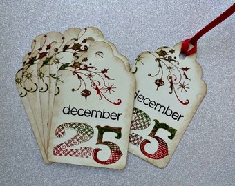 Christmas Tags, December Tags, Holiday Hang Tags, Rustic Xmas Tags, Homemade Gift Tags, Distressed Tags, Stamped, Colorful Tags, Set of 8