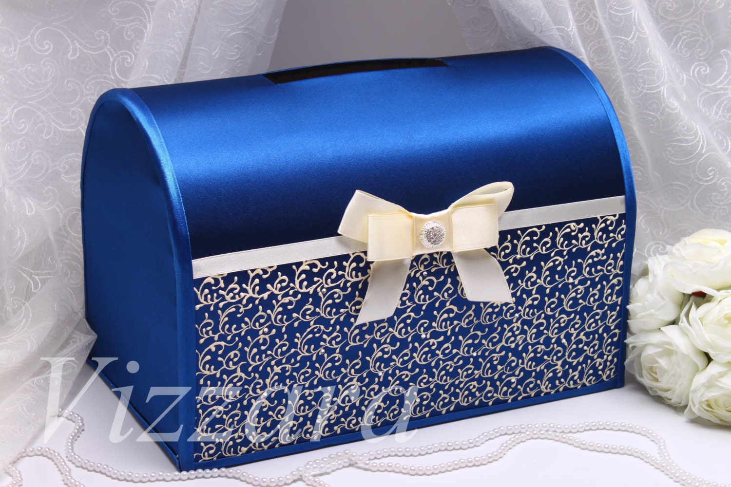 Wedding Box Navy blue HandPAINTED Wedding box card by VIZZARA