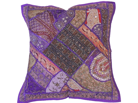 Purple Beautiful Indian Floor Pillow Cover Wood Beaded Sari