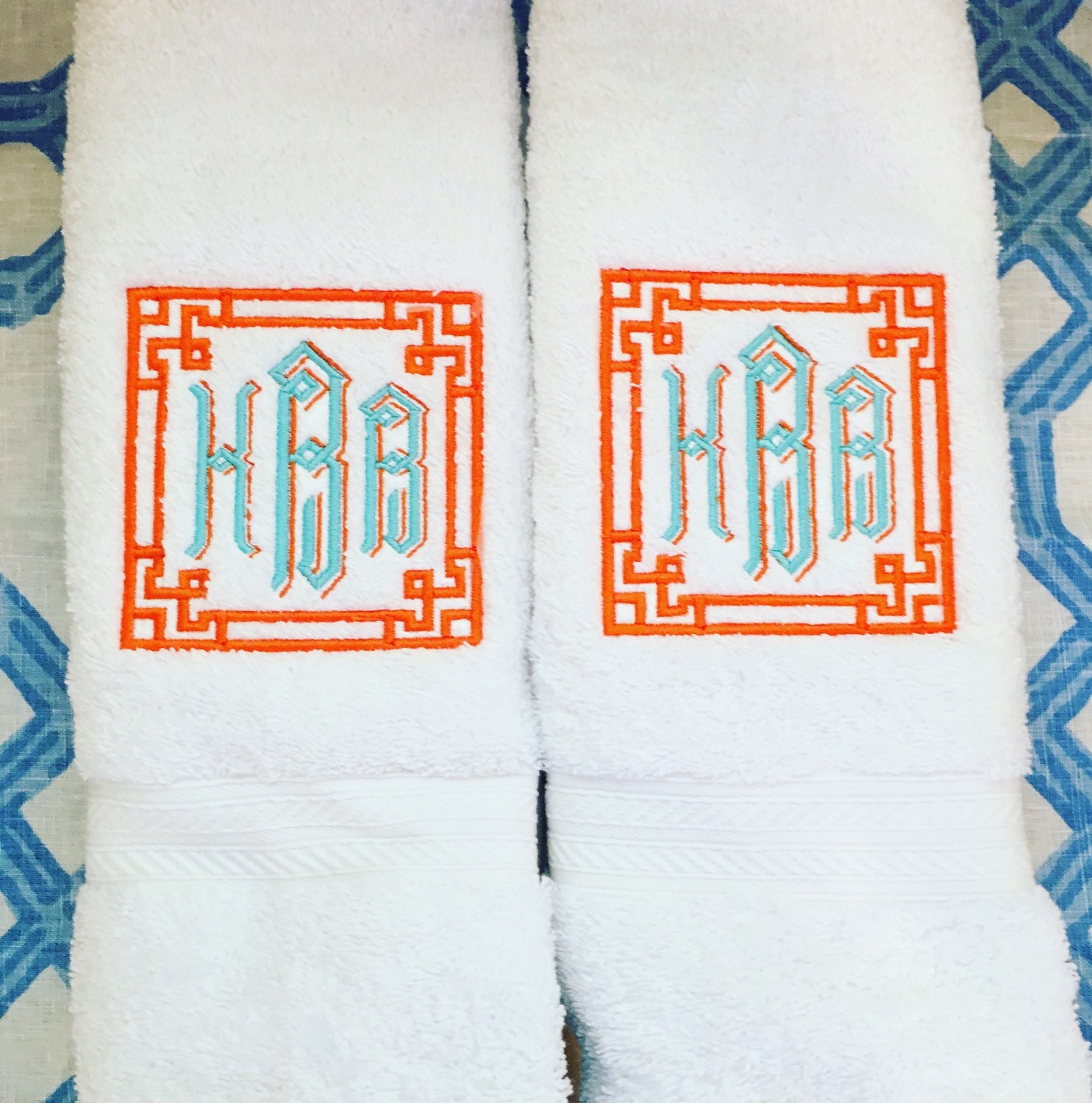 Embroidered Monogram White Bath Hand Towels by HempsteadThread