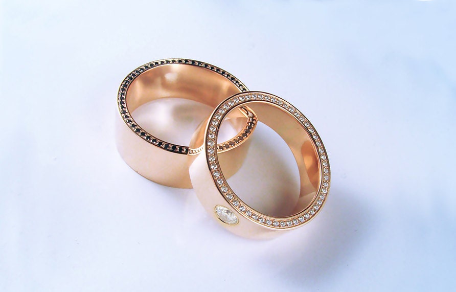Wedding Band Set Wedding Rings His and Her with White