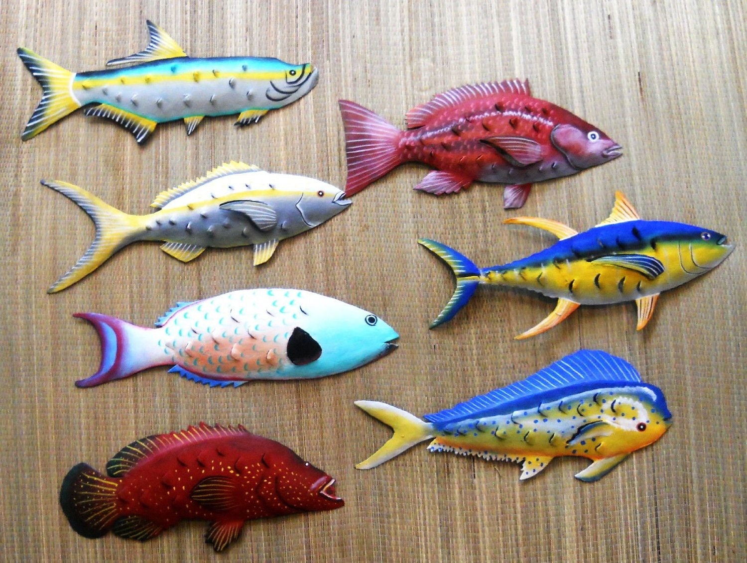 XL Metal art handpainted set of 7 Florida fish wall hangings