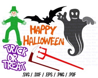 Happy Halloween Clipart, Halloween SVG File, Ghost, Bat, Scarecrow SVG, Vinyl Cutters, Screen Printing, Silhouette, Die Cut Machine - CA345