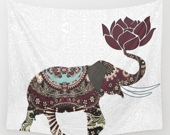 Elephant Tapestry Wall Hanging Indian With Lotus Flower