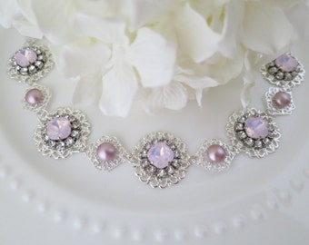 Wedding Hair Accessory, Blush Boho headpiece, Swarovski pink opal halo, Vintage style hairpiece