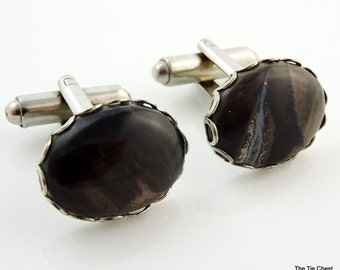 Vintage Cufflinks Brown Stone Oval Silver Tone Mens Jewelry