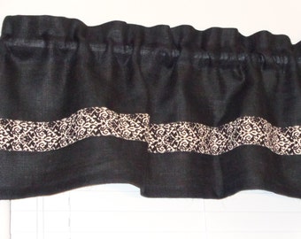 Black Burlap Jute 16" x 55" Valance Curtain, 1.5" Header, 2" Rod Pocket, Off White/Black Damask Trim, Kitchen, Rustic, Country, Dorm