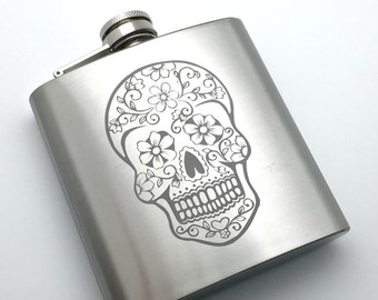 thumbnail image 2 of 8oz Sugar Skull Stainless Steel Flask - HipFlaskPlus 2 of 4