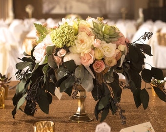 Metallic Gold Arrangement Weddings Centerpeices Floral Centrepieces Wedding Gold Votives Candle Holder Compote Pedestal Vase Mercury Glass