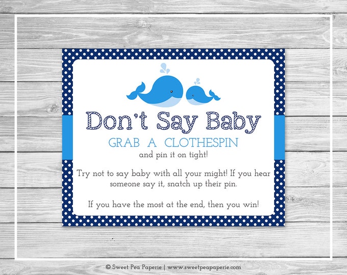 Whale Baby Shower Don't Say Baby Game - Printable Baby Shower Don't Say Baby Game - Blue Whale Baby Shower - Don't Say Baby - SP127