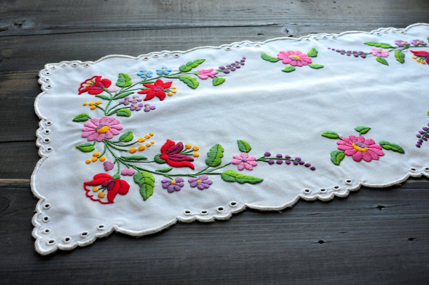 Floral Kalocsa Tablecloth Vintage Hand Embroidered Table