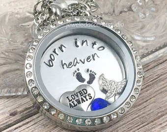 Baby Memorial Locket, Born Into Heaven, Stillborn Gift, Miscarriage Keepsake, Infant Loss Gift, Hand Stamped, Floating Locket, Sympathy Gift