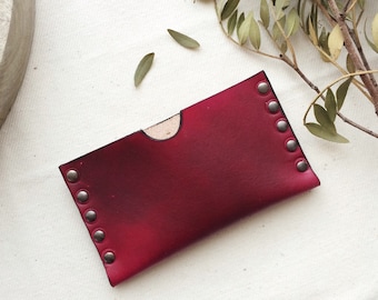 Oxblood leather business card holder, money pouch. Colour variations available. Made in England