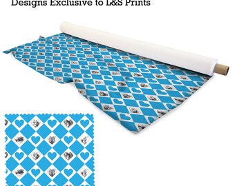 Alice In Wonderland Blue Heart Fabric 2 way stretch Lycra / Spandex / Satin / Chiffon / Jersey / Voile / Waterproof / Microfibre / Twill