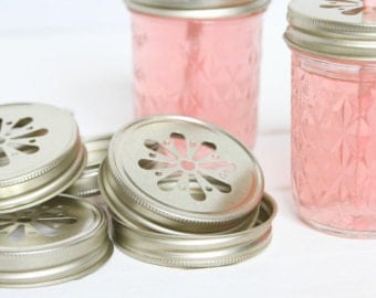 25 Gold Pewter Daisy Cut Mason Jar Lids for Straws