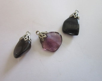 Vintage Polished Stone Amethyst and Smokey Quartz Necklace Pendants (Lot of 3)