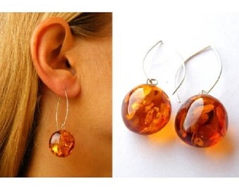 Earrings, Amber earrings, COGNAC, amber ball, amber beads,modern, for woman, new fashion, giftbox, Silver 925, NEW, UNIQUE- Handmade