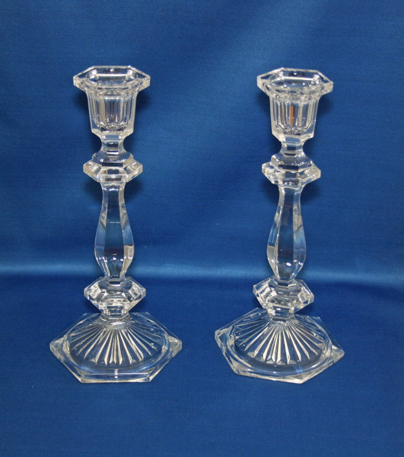 Vintage Heavy Clear Glass Candlestick Pair Hexagon Base 91/4??? tall