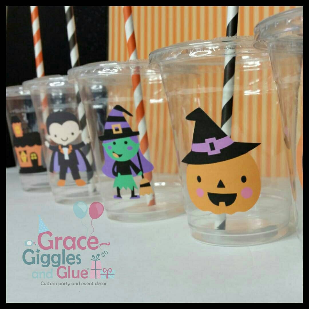12 Personalized Halloween Themed Party Cups with Striped