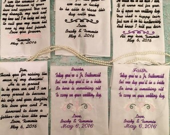 Wedding handkerchief poems set of 6- personalized how you want them. Wedding gift.