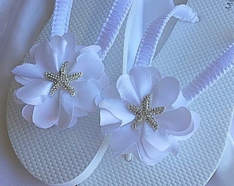 Starfish White Satin Leaf Flower Bridal Flip Flops, Bridal Sandals, Beach Wedding Sandals, Wedding Flip Flops