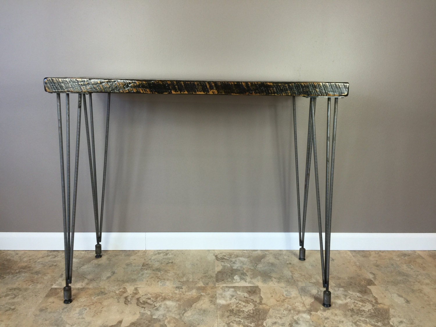 42 inch high reclaimed wood table with leveling hairpin legs