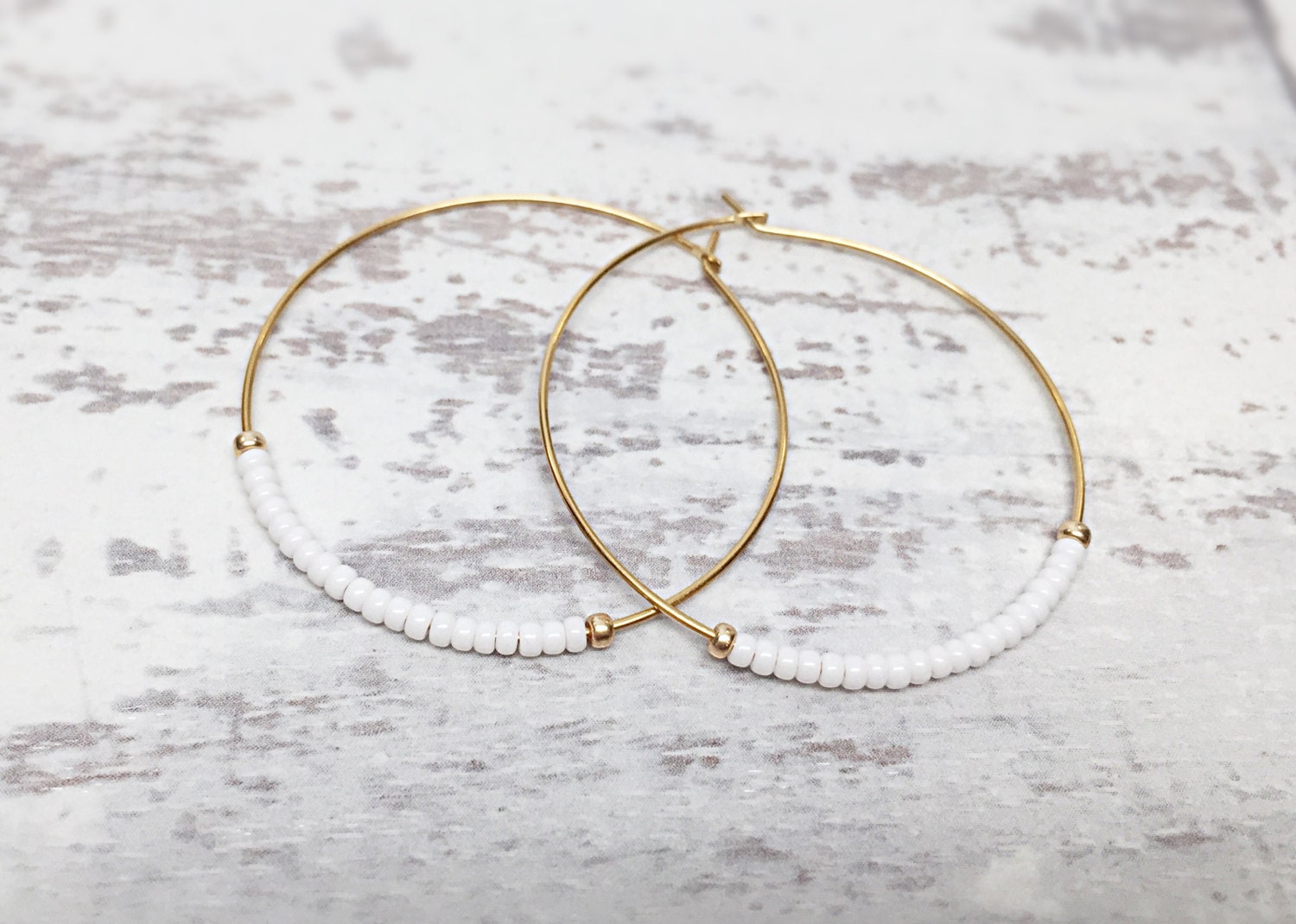 White thin hoop earrings dangly hoop earring beaded gold