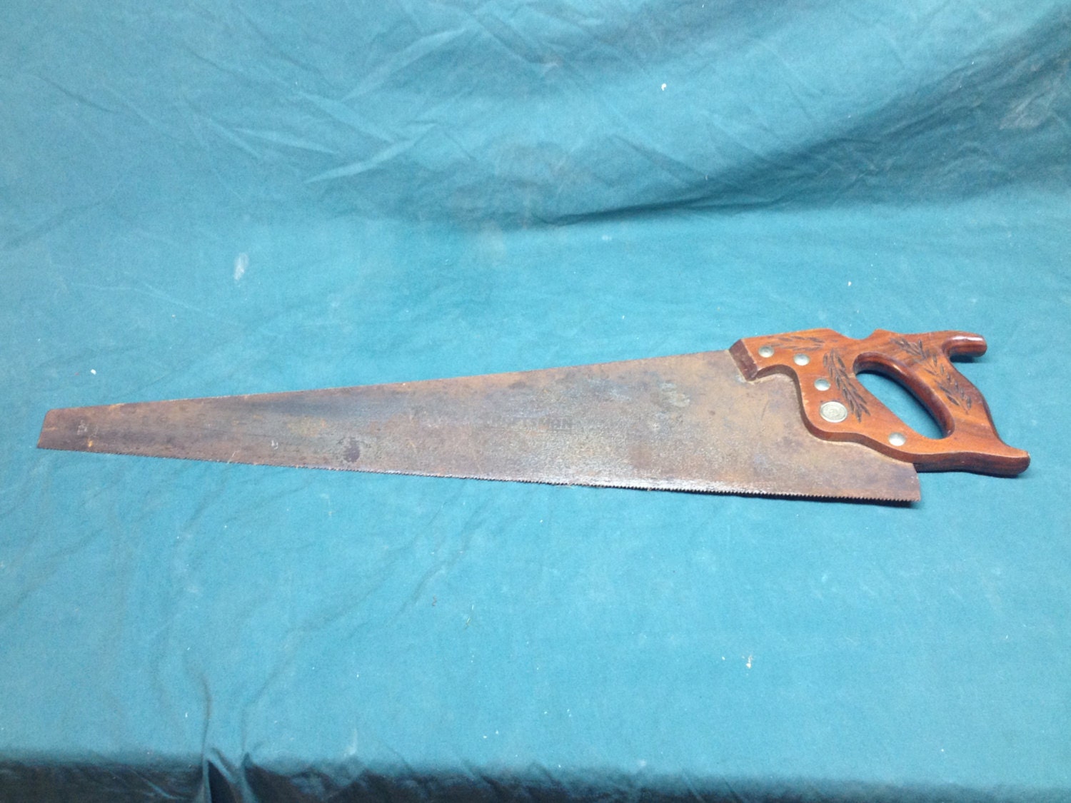 Vintage Warranted Superior Hand Saw w/Wheat Carvings Rusty