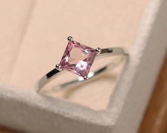 Princess cut tourmaline ring, pink gemstone ring, solitaire ring