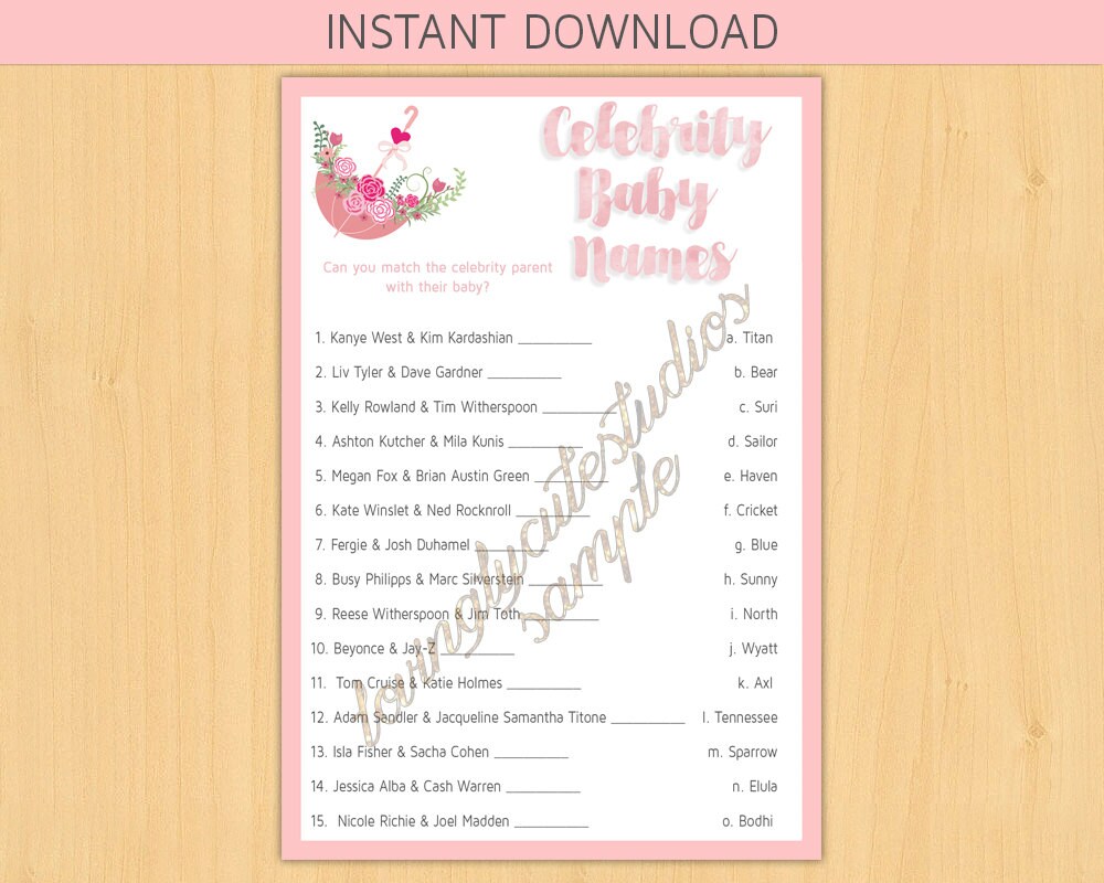 INSTANT DOWNLOAD Celebrity Baby Name Quiz Pink Umbrella