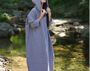 Women autumn loose tunic dress linen hooded linen jacket linen maxi dress long coat dress plus size clothing kaftan linen dress