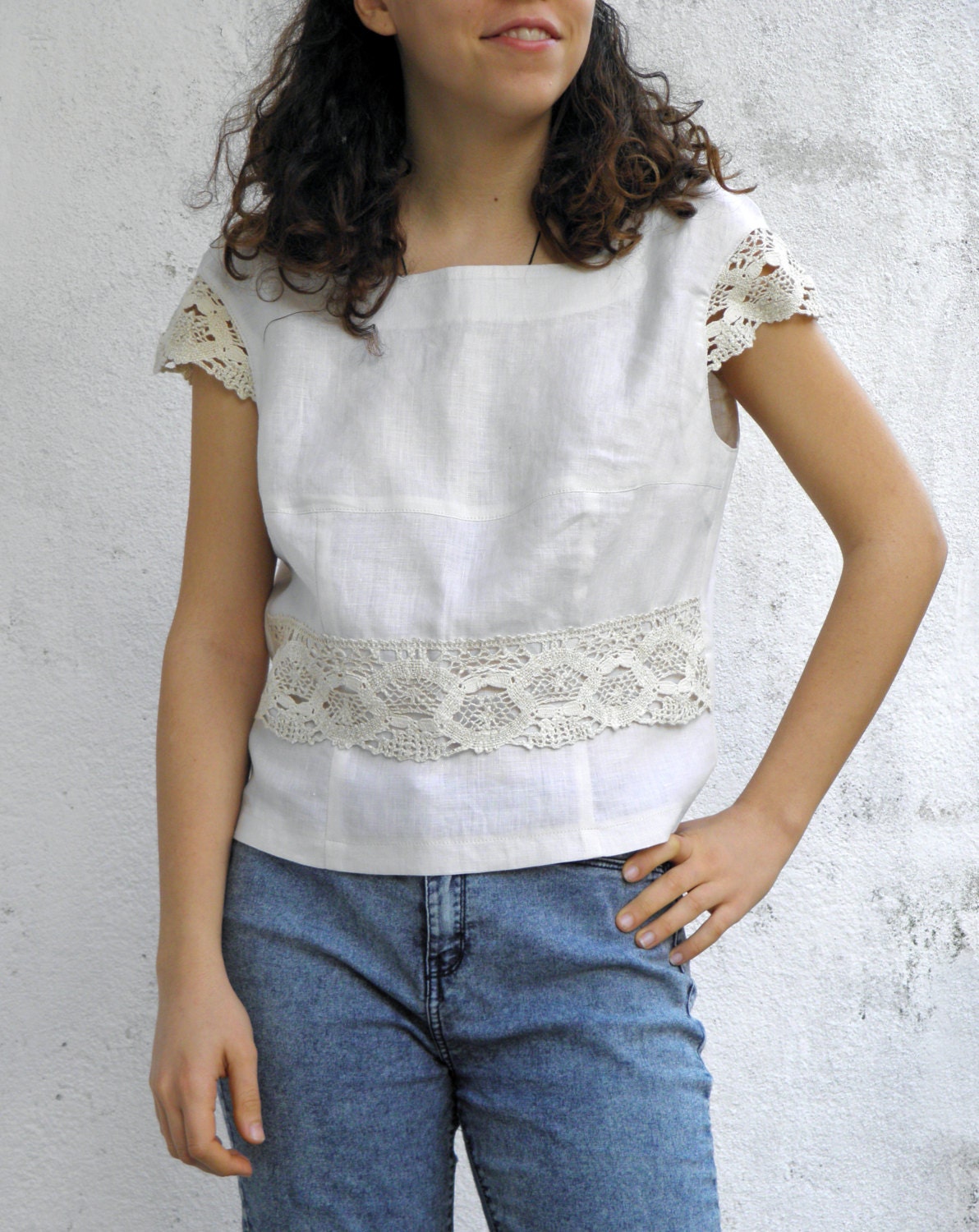 Handmade linen white blouse summer white top with cotton