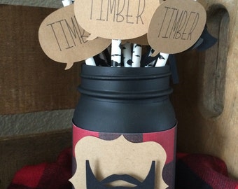 Birch tree timber paper straws , lumberjack party decor jar for purchase as well