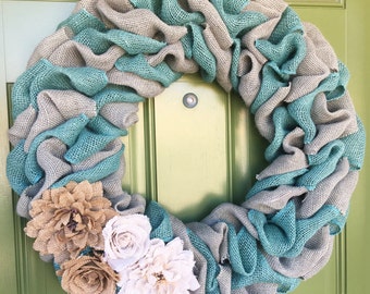 Spring Wreath, Summer Wreath, Burlap, Easter Wreath, Teal Wreath, Shabby Chic Wreath, Everyday Wreath, Coastal Wreath, Christmas Wreath