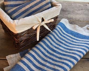 Set of Three Heavy Linen tea towels, dish towels, kitchen towels, blue striped linen towels, dish towels with blue stripes by Linenbee