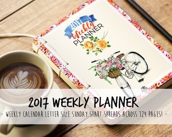 2017 Planner including: Weekly Planner, address book and 2017 & 2018 Yearly Calendar - bright colors - Sunday Start - Letter size