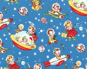 Retro Rocket Rascals Multi by Michael Miller - Space Stars Blue Sky - Quilting Cotton Fabric - by the yard fat quarter half