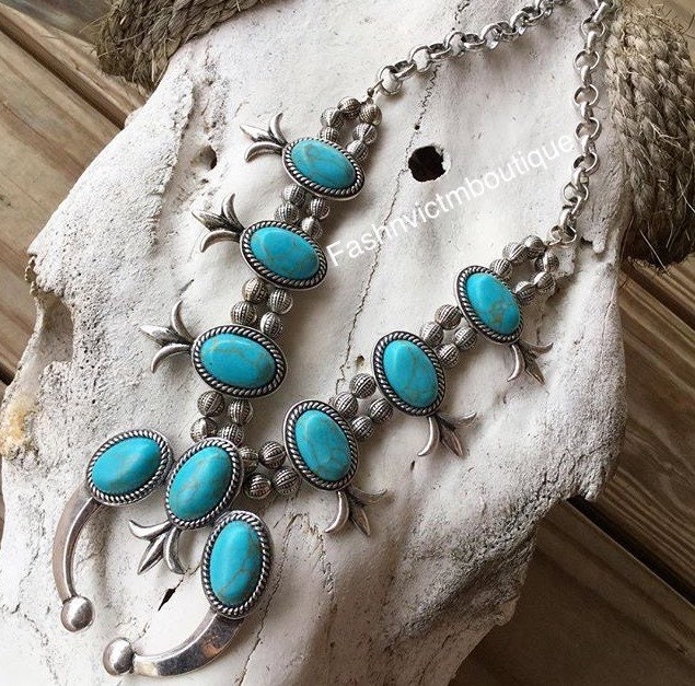 Faux Turquoise Squash Blossom Necklace by Fashnvictmboutique