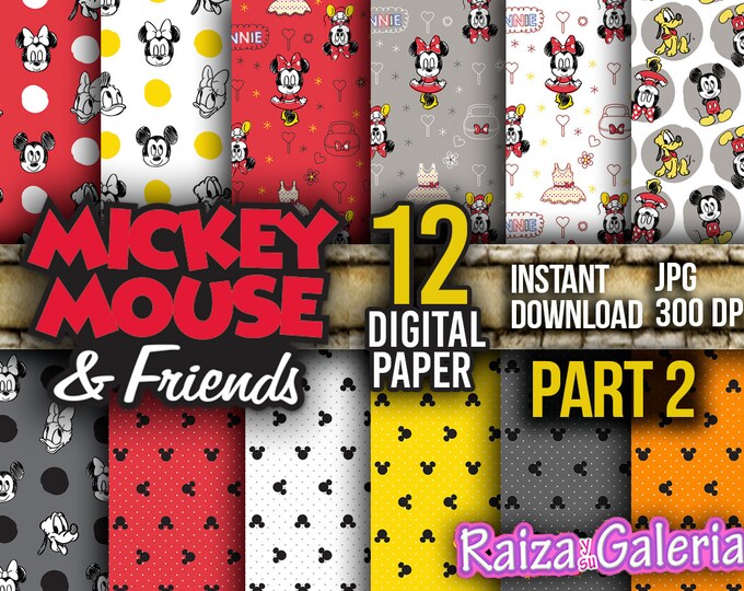 AWESOME Disney Mickey And Friends Digital Paper. PART 2 Instant Download - Scrapbooking - Mickey Minnie Printable Paper