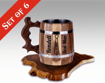 6 Groomsmen Gifts, Wooden Beer Mug, Personalized Gift, Groomsman Gifts Idea, Best Man Gift, Beer Mug, Ushers Gift, Beer Stain, Customized