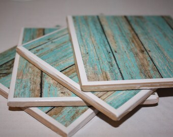 Turquoise drink coasters, distressed wood, ceramic tile, set of 4! Teal wood print, housewarming gift, beach decor!