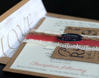 Elegant, Vintage, Rustic, Lace Wedding Invitation Package with RSVP card, envelope, packaged with lace, twine, ribbon and personalized.